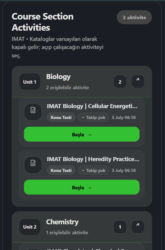 IMAT Academy mobil konu seçimi ve soru çözme ekranı